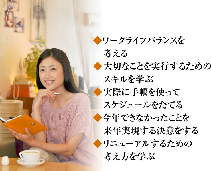 ◆現在の自分が置かれている状況を確認する◆なりたい自分を考える◆自分にとってのライフバランスを考える◆大切なことを実行するためのスキルを学ぶ◆実際に手帳を使ってスケジュールをたてる◆今年できなかったことを来年実現する決意をする◆日々リニューアルするための考え方を学ぶ