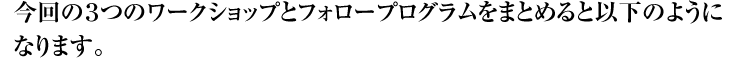今回の3つのワークショップとフォロープログラムをまとめると以下のようになります。